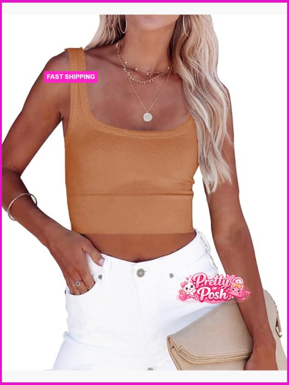 Scoop Neck Sleeveless Chevron Ribbed Knit Crop Tank Top Fitted Soft Basic